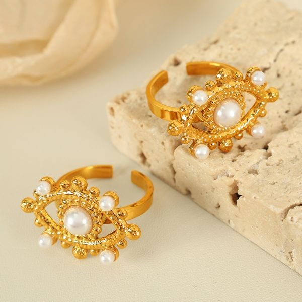 1 piece simple series punk eye stainless steel 18k gold color plated artificial pearl women's adjustable rings